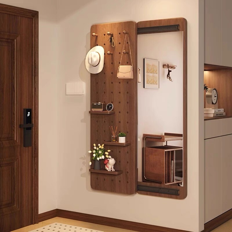 Solid Wood Perforated Board Dressing Mirror, Hidden Sliding Full-Length Mirror, Home Use, Can Be Closed, Wall-Mounted, Entryway Fitting Mirror