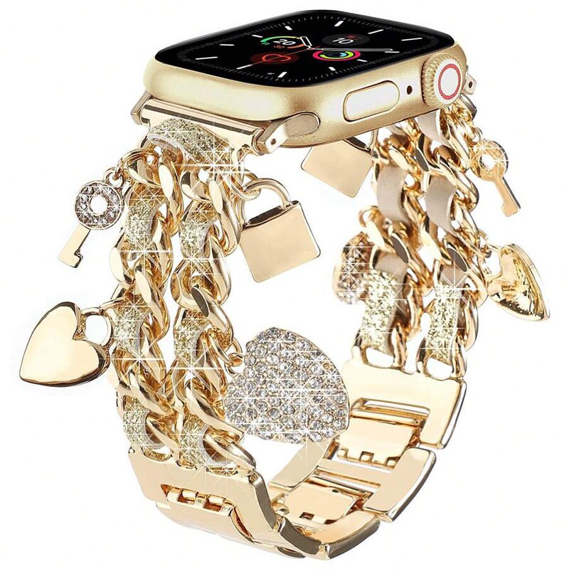 New Style Chanel-Inspired Fine Glitter Leather Strap with Metal Chain Heart Pendant for Women, Compatible with Apple Watch S11