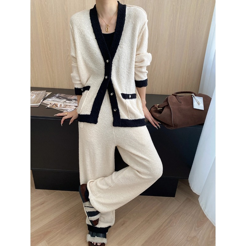 司南老钱风松弛感法式小香风撞色针织开衫阔腿裤两件套