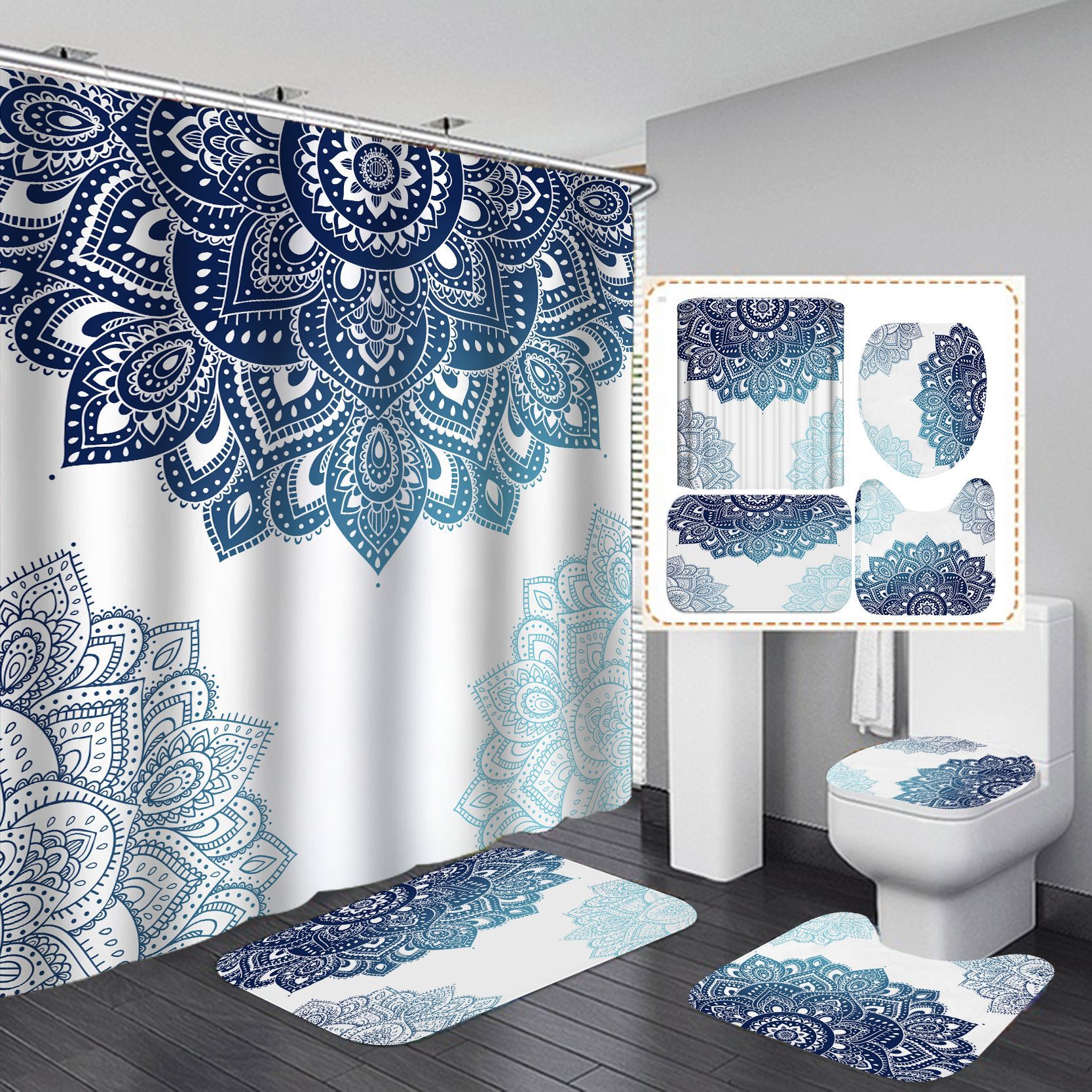 Comercio electrónico transfronterizo Venta caliente HD Impresión digital Poliéster Baño Hotel Baño Cortina de ducha Conjunto de cuatro piezas Traje