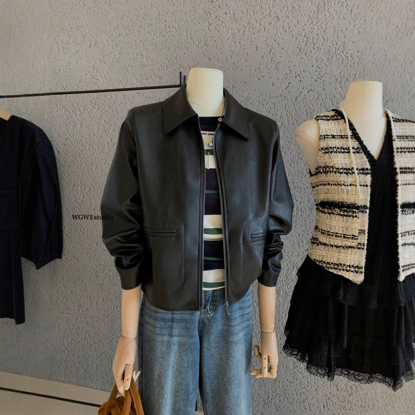 【Wgwe】 Short Women's New 2025 Super Hot Cool Style Retro Pu Motorcycle Leather Jacket W6867 # Black