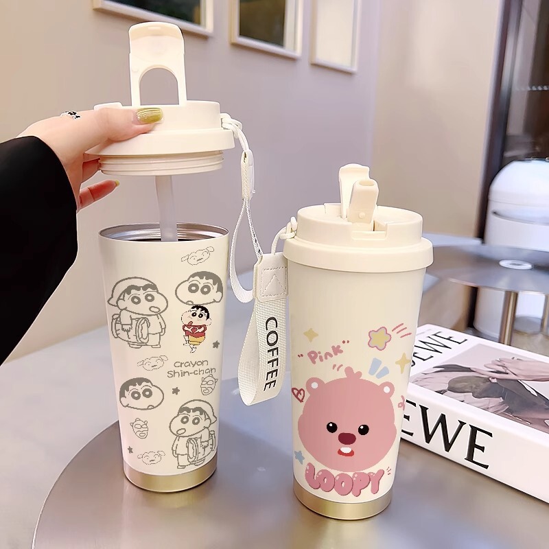 不锈钢内胆咖啡杯卡通有提绳带吸管保温杯女生可爱凯蒂便携随行杯|undefined