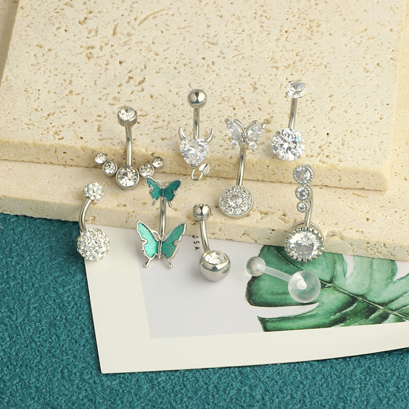 Wholesale Rose Gold Set Butterfly Stainless Steel Diamond CZ Flower Navel Ring Belly Button Piercing Jewelry 9-Piece detail image 16