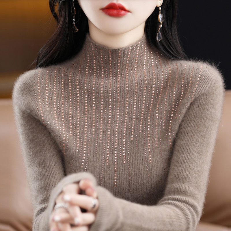 [Factory Direct Supply] Half-turtleneck Knitted Women's Sweater Autumn and Winter New Solid Color Diamond-encrusted Foreign-style Bottoming Top Trendy