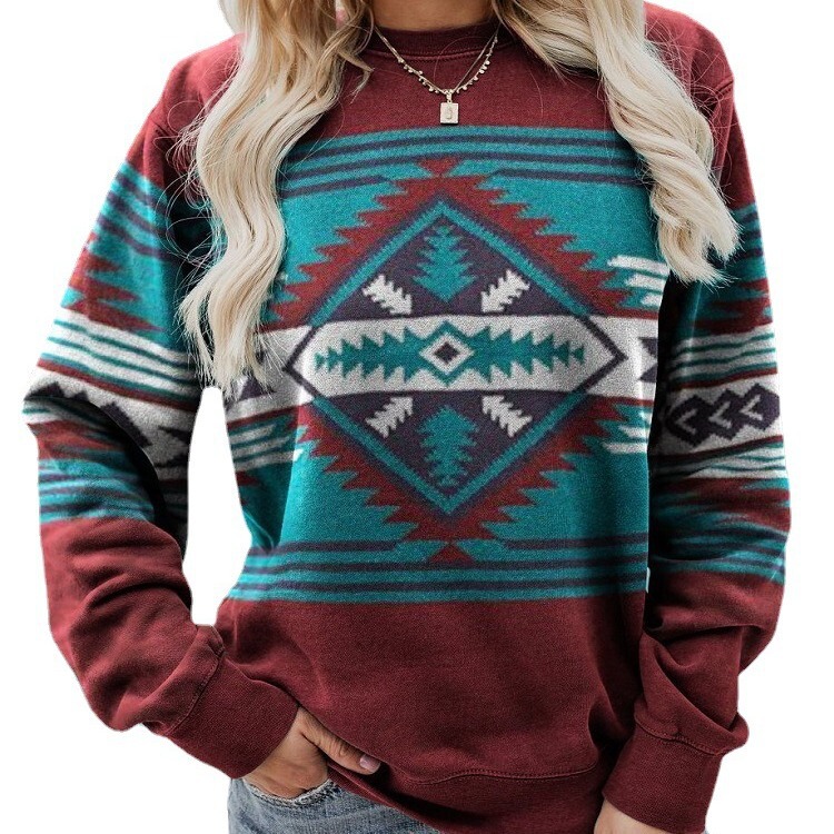 2021 European and American Foreign Trade New Women's Clothing Retro Western Ethnic Geometric Printing Women's Sweater 6907