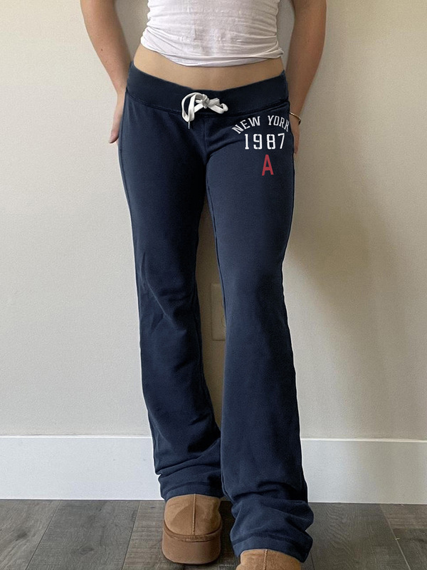 新款低腰系带拼色印花长裤美式时尚辣妹个性潮流舒适百搭休闲裤|undefined