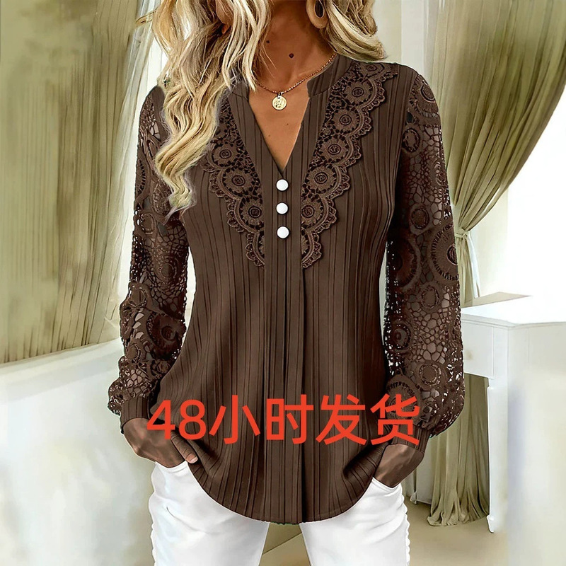 European Station 2026 Foreign Trade Aliexpress Wish Hot-Selling Shirt New Solid Color V-Neck Lace Women's Blouse European Station 2026 Foreign Trade Aliexpress Wish Hot-Selling Shirt New Solid Color V-Neck Lace Women's Blouse