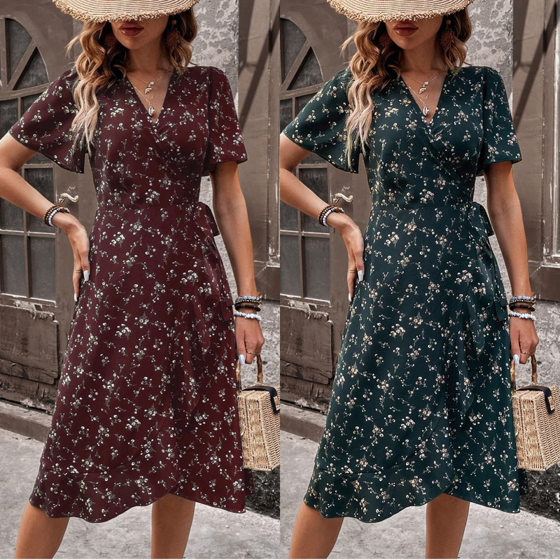 Actual Shot of Spot Foreign Trade Cross-Border 2025 New Hot-Selling European and American Floral Wrap-Up Lace-Up Waist V-Neck Dress Actual Shot of Spot Foreign Trade Cross-Border 2025 New Hot-Selling European and American Floral Wrap-Up Lace-Up Waist V-Neck Dress