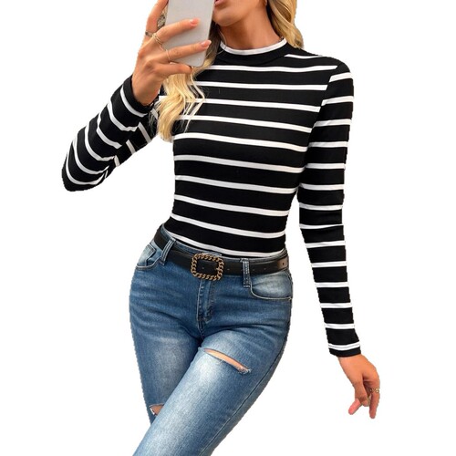 European and American TEMU semi-high-collar stripe slim all-match long-sleeved women's t-shirts are selling well