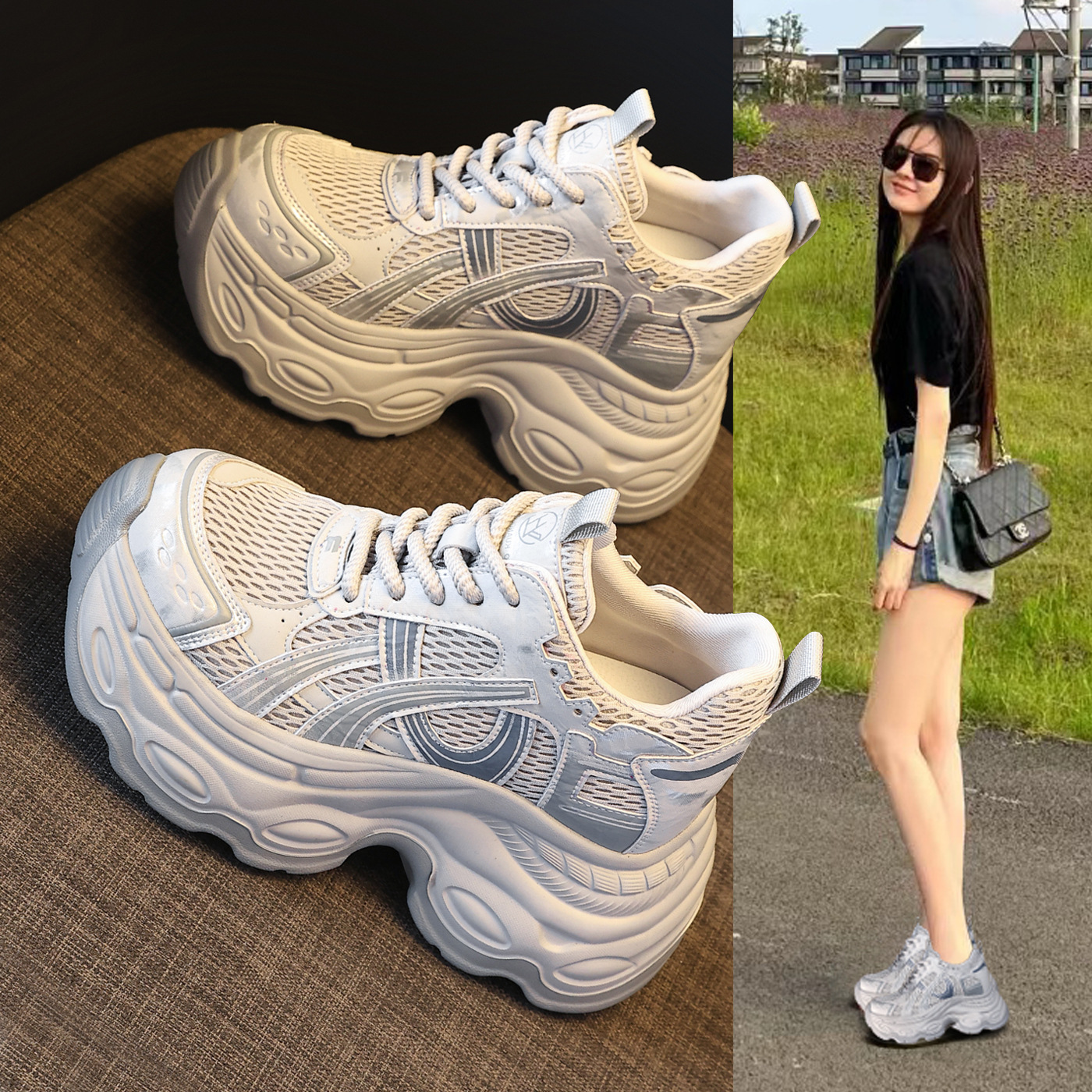 Giày sneaker nữ đế dày chunky phong cách dad sneaker, lưới thoáng khí, tăng chiều cao — màu xám