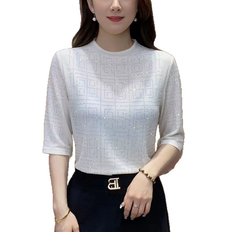 Женский свободный топ со средними рукавами из ледяного шелка и стразами, универсальная утягивающая базовая рубашка в корейском стиле, модная весенне-летняя базовая рубашка