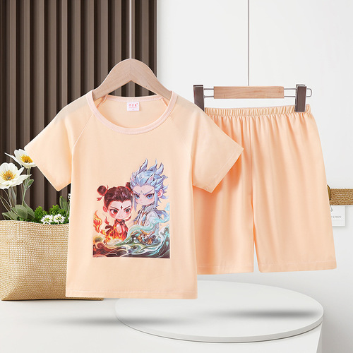 Whichone Children's Summer T-shirt Pajamas, Cartoon Casual Crew Neck Set, Onesie for Boys, Unisex, Short Sleeve