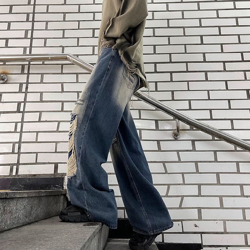 Spring And Autumn Distressed Jeans For Men, Casual Trendy Brand, Cool Washed High Street American Style Versatile Pants_mkmklike.com