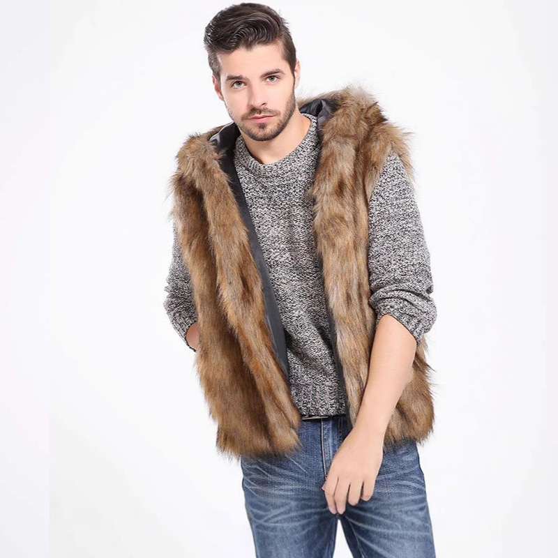Men's Faux Fur Hooded Vest Fashion Versatile Jacket Coat