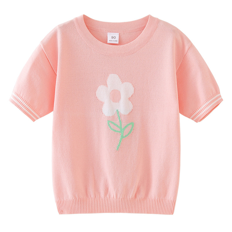 2023 ropa para niños nueva flor de seda de hielo niñas de punto de manga corta Camiseta para niños camisa de verano delgada entrega de una pieza