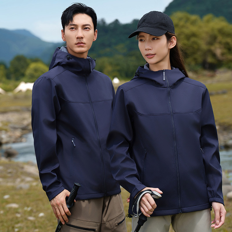 Outdoor stand collar hooded soft shell assault clothing fixed work clothes coat printed logo word windproof jacket embroidered pattern