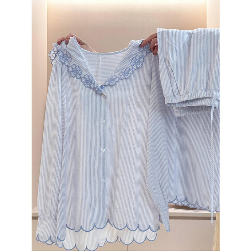 韩版甜美花边条纹睡衣女2025春秋新款简约长袖长裤家居服套装大码|undefined