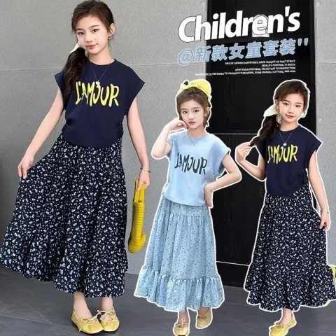 Medium and Large Kidsren's T-Shirt Suit Summer Floral Girls' Skirt Suit 2025 New Kidsren's Sleeveless Two-Piece Long Set