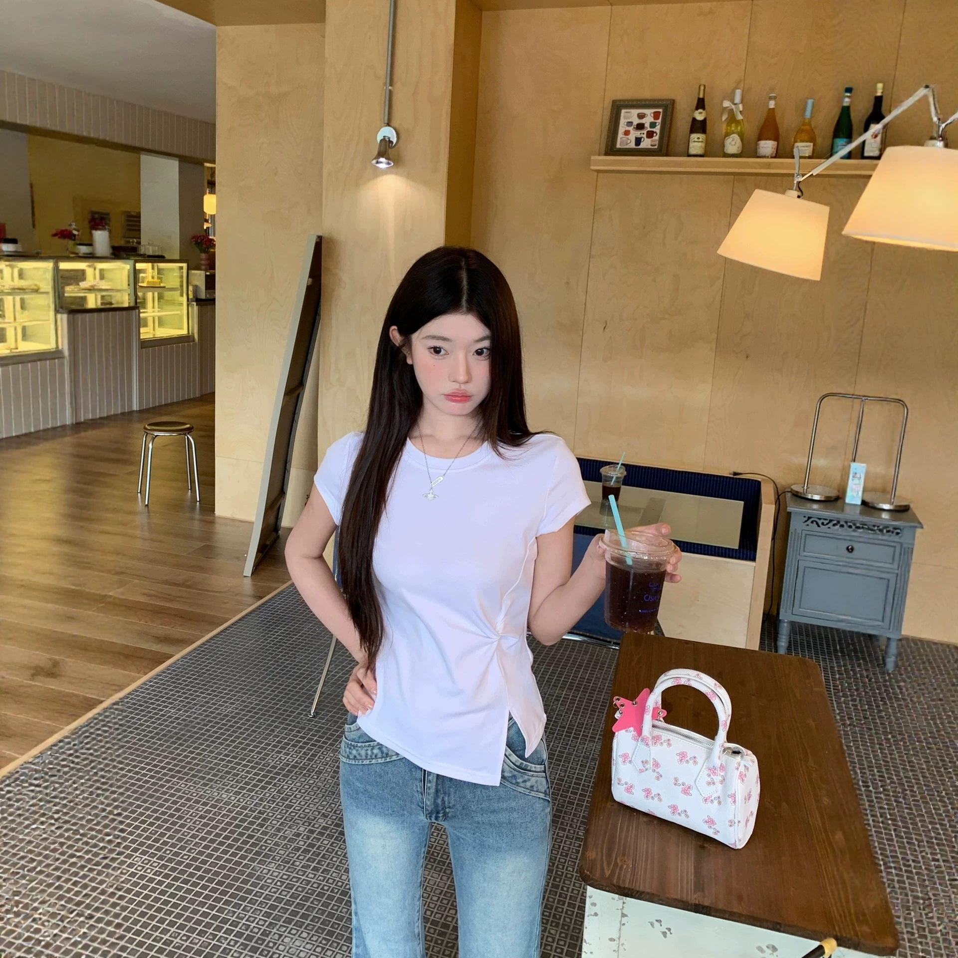 Unique Design Blue Regular Shoulder Short-Sleeve T-Shirt for Women, 2026 New Summer Irregular Niche Style Top