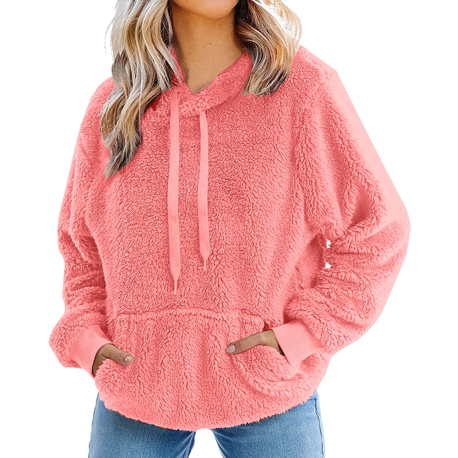 European and American Amazon New Cross-border Women's Long-sleeved Hooded Jacket Solid Color Pocket Casual Loose Plush Sweater Sweater