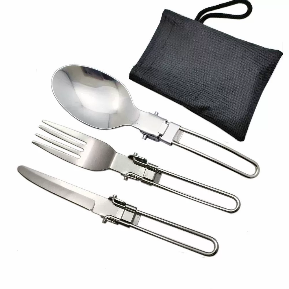 Портативная посуда для кемпинга, набор посуды для кемпинга из нержавеющей стали, состоящий из трех частей, удобная складная посуда со стальной ручкой