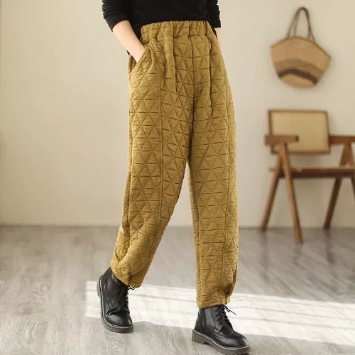 Japanese retro quilted warm trousers with diamond pattern, oversize