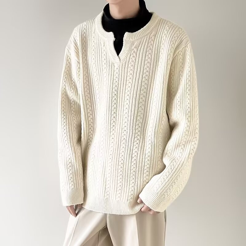 Pull en tricot à col en v pour homme en mélange coton hiver_voghion.com