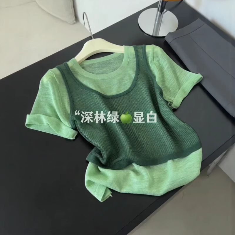 韩系撞色假两件针织短袖t恤女夏季设计感独特减龄宽松显瘦小上衣|undefined