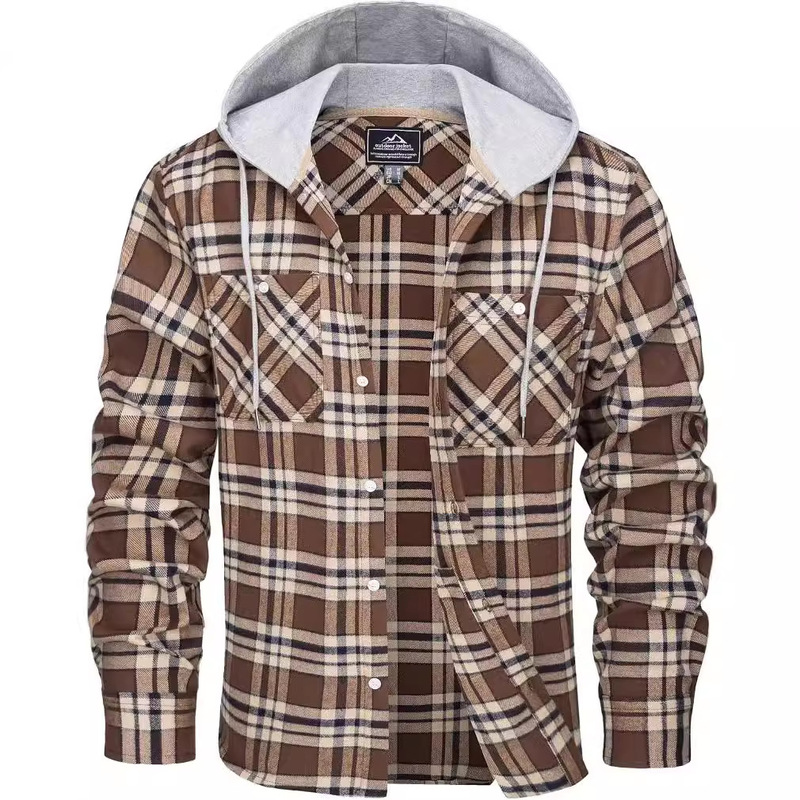 2024 European and American Autumn/Winter Men's Flannel Shirt Cotton Long Sleeve Plaid Casual Hooded Color Block European and American Trend