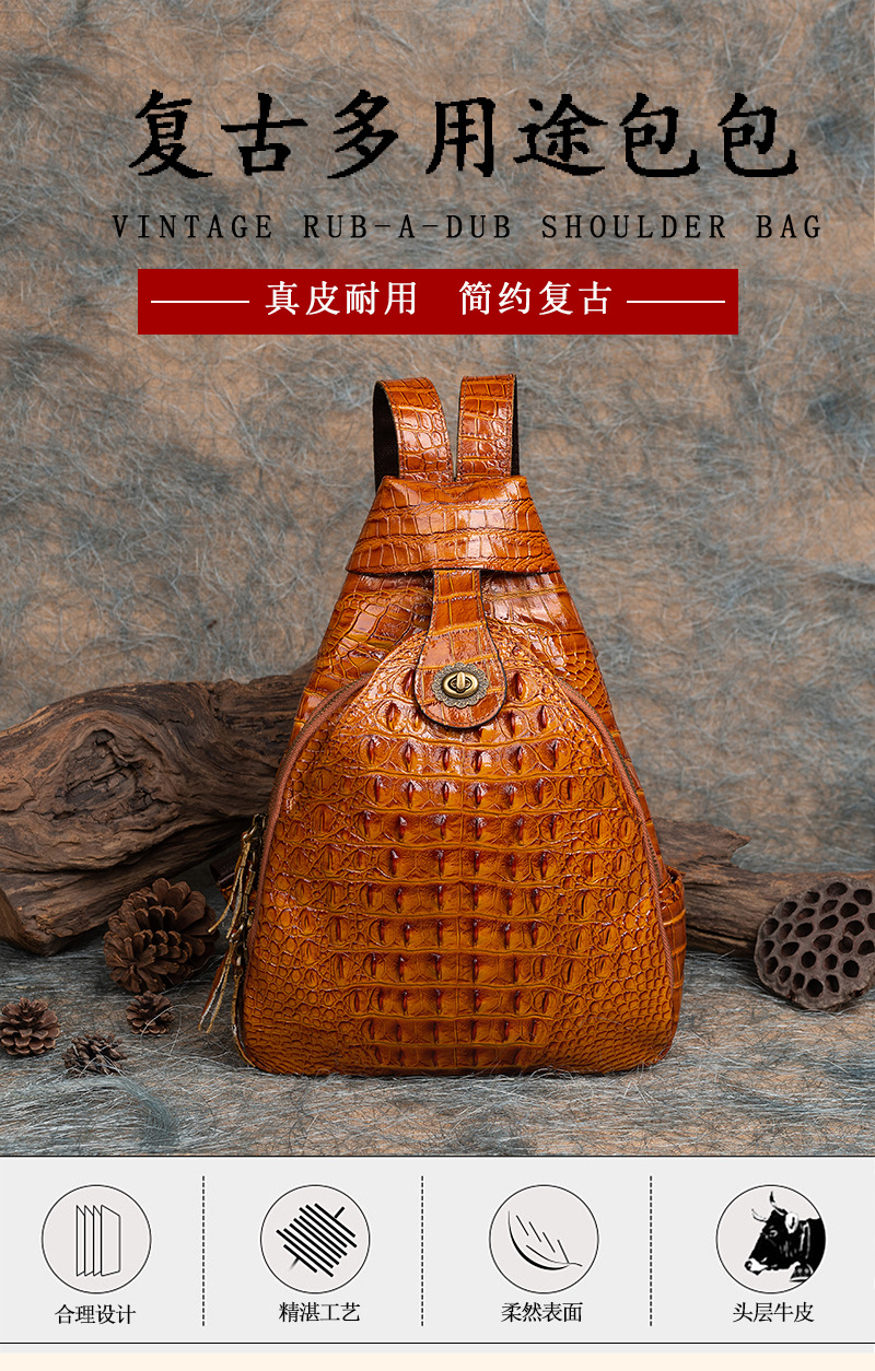 Ba lô da bò cao cấp dập nổi vân cá sấu phong cách retro — Màu đen chi tiết 1