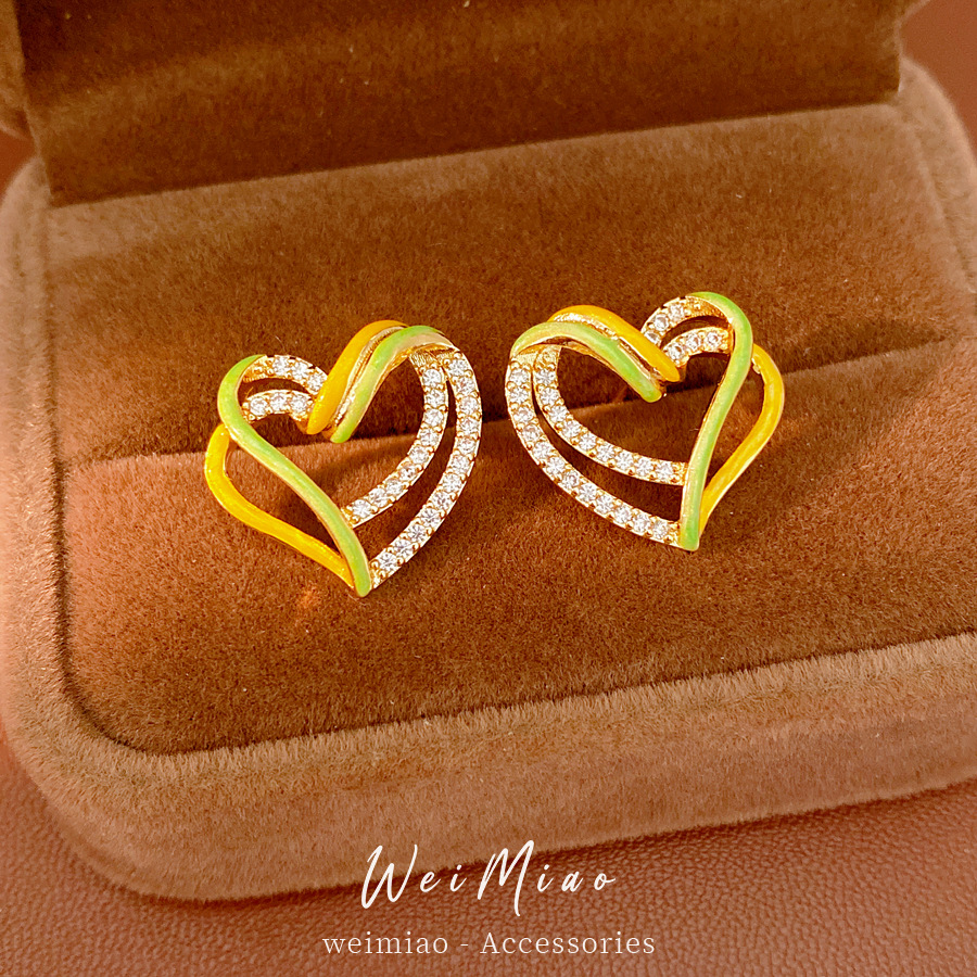 Aguja de plata de zircón de doble capa de amor pernos de orejas agujeros pequeños temperamento fresco dulce simple pendientes ligeros de lujo de alta calidad pernos de orejas