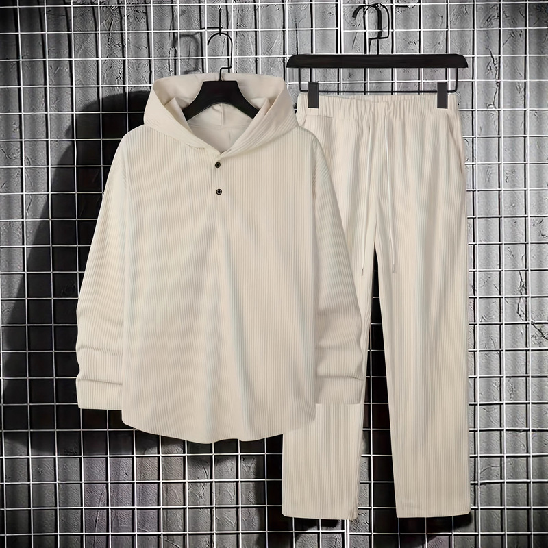 Set includes a beige corduroy hooded men's top and long pants, a two-piece autumn and winter warm casual suit Set includes a beige corduroy hooded men's top and long pants, a two-piece autumn and winter warm casual suit