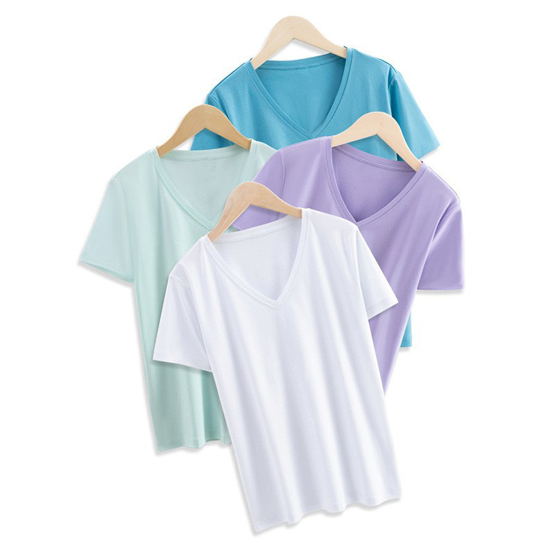 高品質80本両面シルク綿tシャツ女性夏ゆるい丸首v襟純綿純色新疆綿半袖tシャツ|undefined