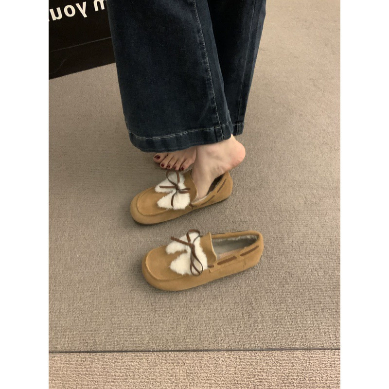 Кожаная бобовая обувь женская зимняя бархатная хлопчатобумажная обувь 2024 новый бант