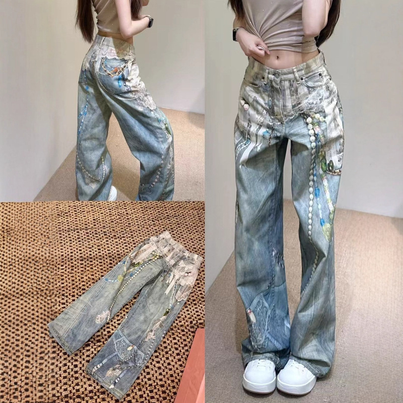 3D Printed Lace Pearl 1981 Straight Wide-Leg Denim Pants Mid-Waist Slimming Look Straight Legs 2025 Summer Casual