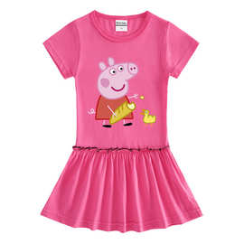 2023夏装新款小猪连衣裙棉质短袖宝宝卡通木耳边百褶洋气裙子