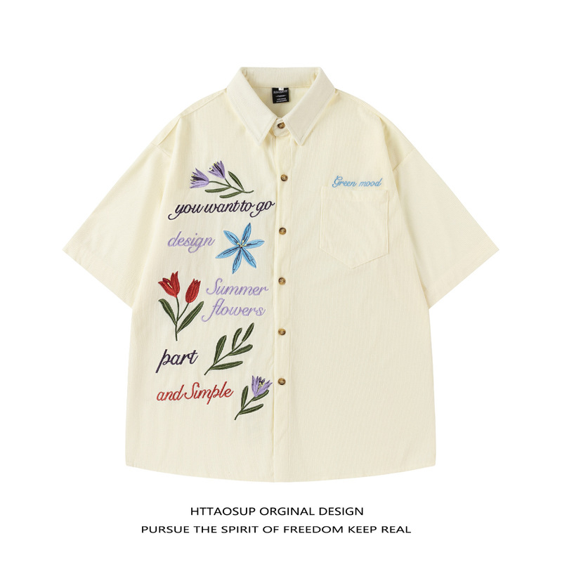 Dropshipping Summer Trendy Floral Embroidered Short-Sleeve Shirt for Men and Women, Vintage Loose Casual Half-Sleeve Shirt Jacket