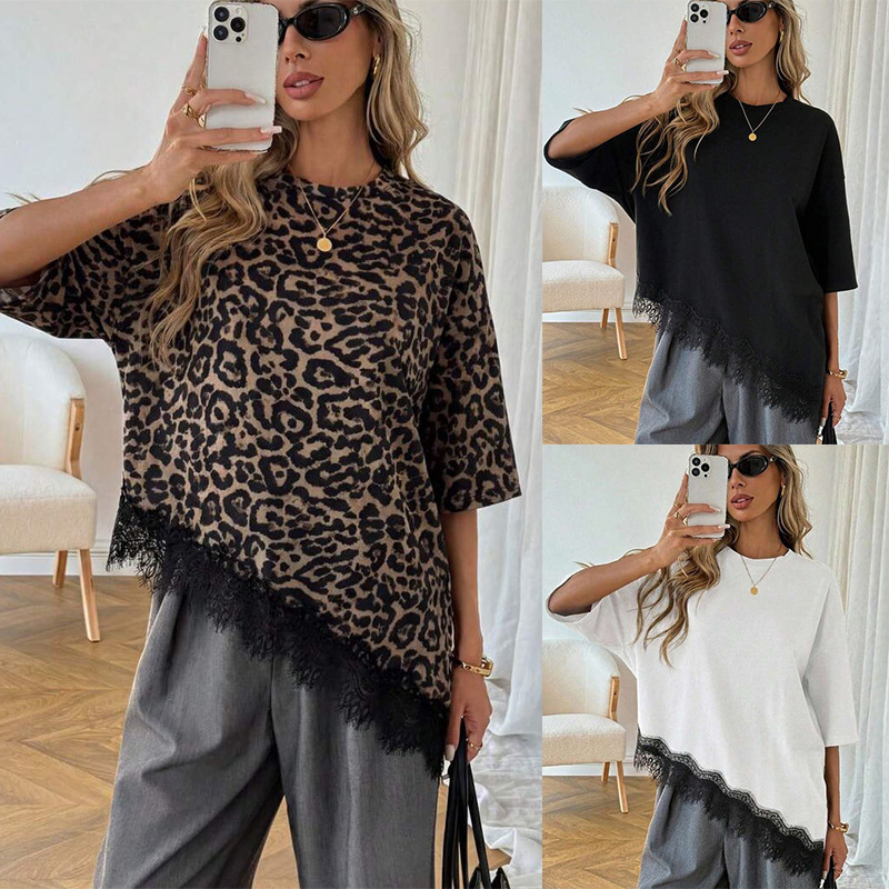 European and American Cross-Border Amazon 2026 Summer New Women's Pullover Printed Leopard Print Lace Patchwork Loose Short-Sleeved T-Shirt