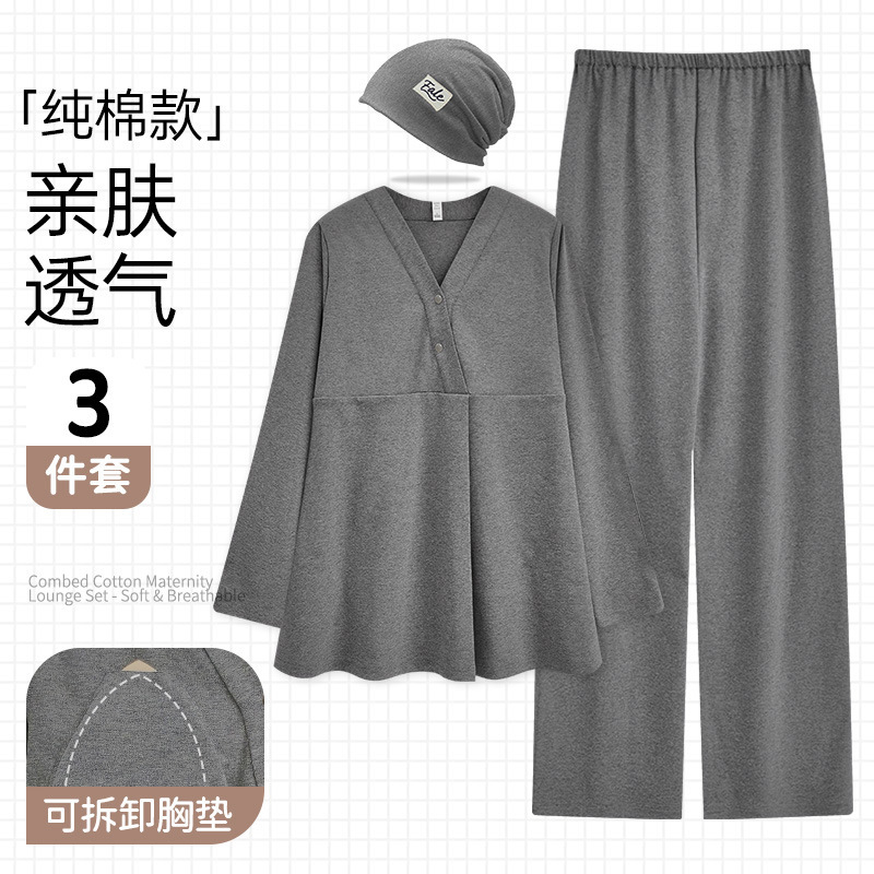 【送月子帽】带胸垫月子服秋冬a类哺乳睡衣纯棉产后秋季孕妇套装|undefined