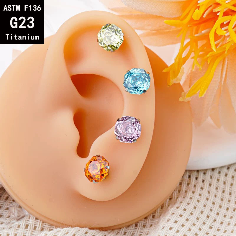 F136 Titanium 6mm Eight-sided Heart Rose Cut Bowl Bottom Earring G23 Titanium Alloy Gradient Ear Bone Nail Lip Nail Tongue Nail detail image 7