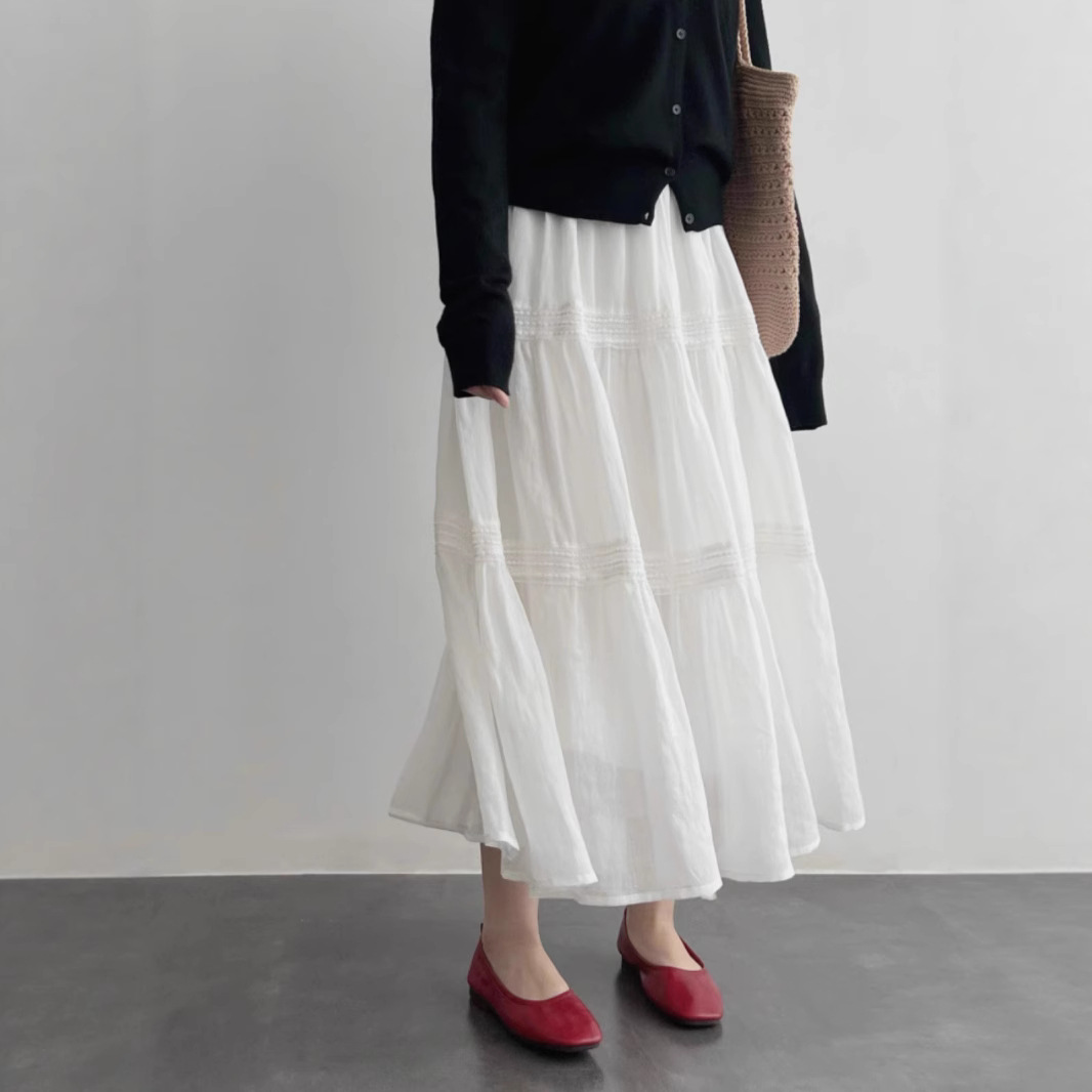 Homemade Natural High-End Dongting 100-Count Ramie Lace Splicing A-Line Slimming Look Cake Skirt Mid-Length Summer