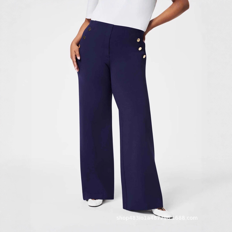 2025 European and American Amazon Fashion Women's High-Waisted Wide-Leg Pants Women's Casual Straight Pants Buttons Elastic