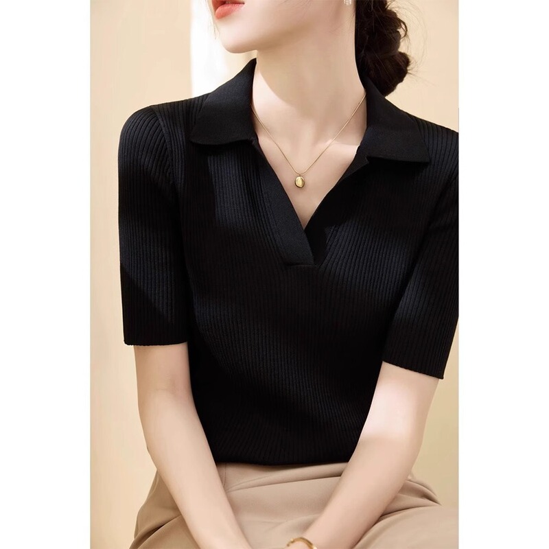 Summer Lyocell Tencel Ribbed Slim-Fit Knit Top Thin Half-Open V-Neck Short-Sleeve Ice Silk Blouse for Women A4410