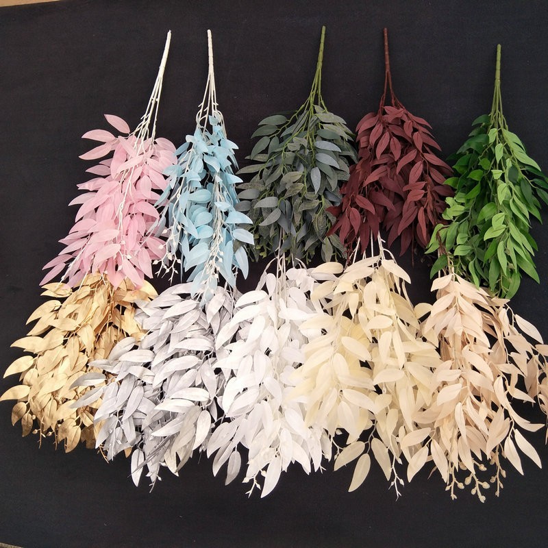 仿真柳葉花束婚慶花藝婚禮堂軟裝插花酒店裝飾絲印布仿真花廠批發
