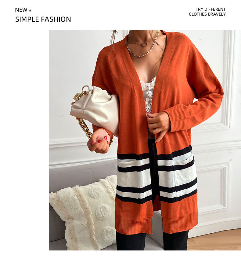 maglione lungo color block a maniche lunghe da donna moda autunnale leggero_voghion.com