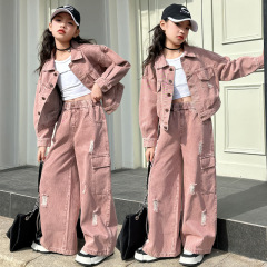 女童牛仔套装春装新款洋气时髦女孩中大童春季外套阔腿裤两件套
