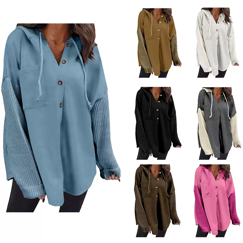 亚马逊2024新款欧美跨境宽松休闲撞色拼接长袖纽扣连帽卫衣外套女