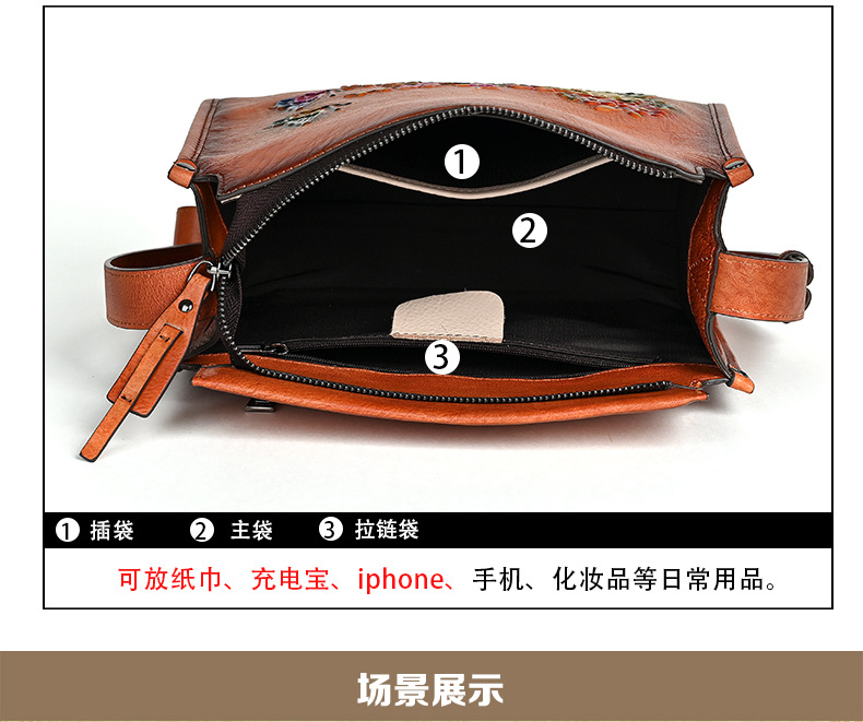 Túi đeo chéo nữ phong cách dân tộc, túi vuông nhỏ da bò cổ điển — Màu nâu cổ điển, Màu cà phê cổ điển, Màu đen cổ điển chi tiết 8