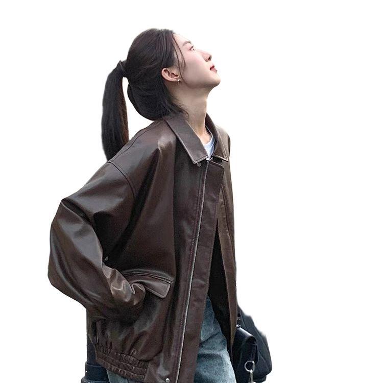 春秋季时尚复古棕色皮衣外套女2025新款小个子宽松皮夹克机车上衣|undefined