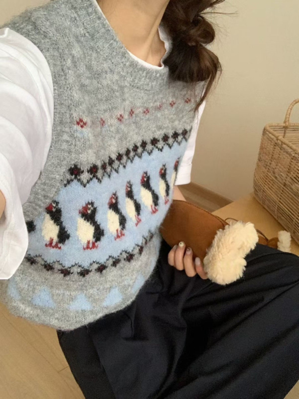 木四 可爱企鹅针织马甲背心女秋冬新款韩版含羊毛叠穿坎肩M6532|undefined